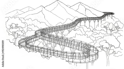 Winding canopy walkway winds through lush trees towards majestic mountains