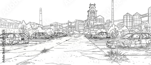 Abandoned vehicles line a cracked road leading to a decaying industrial complex
