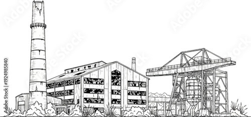 Abandoned industrial complex with a tall smokestack and gantry crane