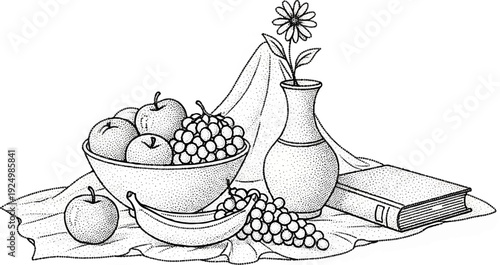 Still life illustration featuring a fruit bowl, vase with flower, book