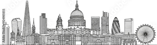 Stylized black and white line art of a city skyline featuring iconic buildings and a Ferris wheel