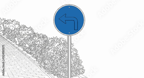 A traffic sign indicating a left turn on a sidewalk lined with bushes
