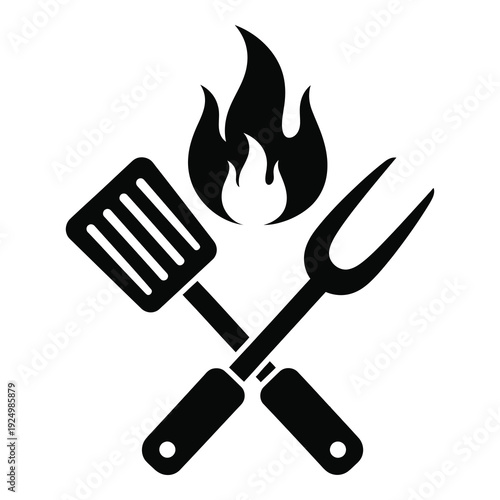 Black silhouette of crossed barbecue tools with flame icon on white background icon