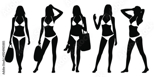 Five stylish silhouettes of women carrying different handbags in casual summer outfits isolated on white background, Vector, illustration