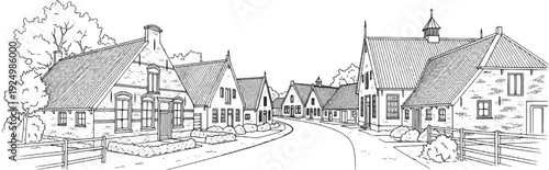 A quaint village street lined with charming, traditional houses and trees