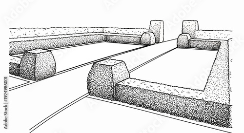 Stylized topiary garden with pathways and geometric shrubbery