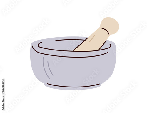Mortar and pestle, grinding bowl. Cooking grinder with pistil and pot. Kitchen tool. Grind accessory, utensil, kitchenware for spices. Flat vector illustration isolated on white background