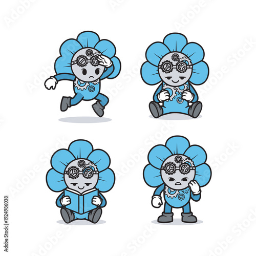 Cartoon flower character in various poses and outfits on white background