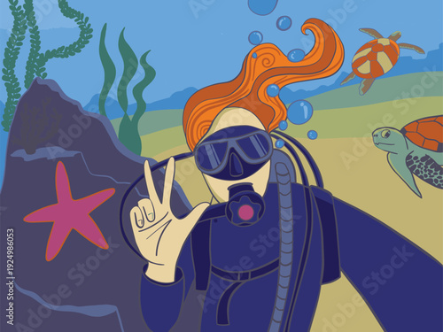 illustration of redhead woman scuba diver with turtles and starfish. Coral reef in tropical blue sea. Underwater sport on vacation. Aquatic adventure in exotic ocean. Woman doing selfie. Seascape.