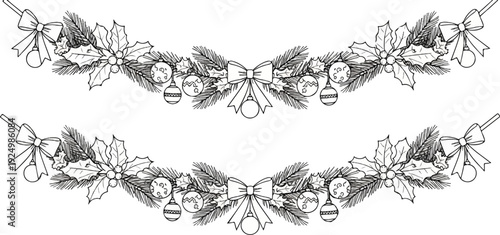 Two decorative festive garlands with bows, pine sprigs, holly, and ornaments