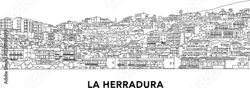 A line drawing depicts a dense hillside town with many buildings