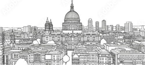 A detailed line art depiction of a historic domed building amidst a dense cityscape