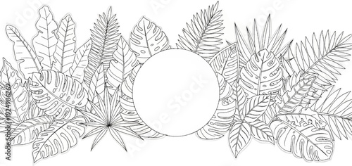 A circular frame bordered by a variety of jungle leaves in a sketch style