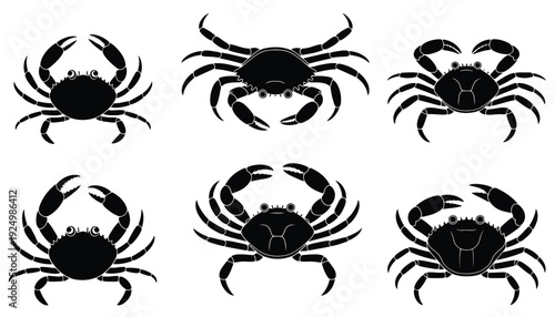 Six black and white illustrations of crabs facing different directions isolated on white background, Vector, illustration