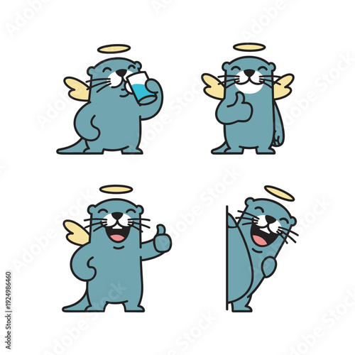 Cartoon cat angel characters showing various gestures with halo and wings