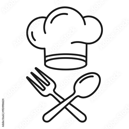 Chef hat and crossed fork and spoon for cooking and dining  simple line art icon