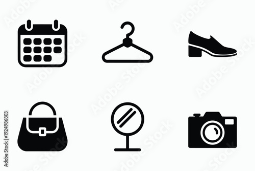 Collection of six essential icons representing daily life and personal accessories isolated on white background, Vector, illustration