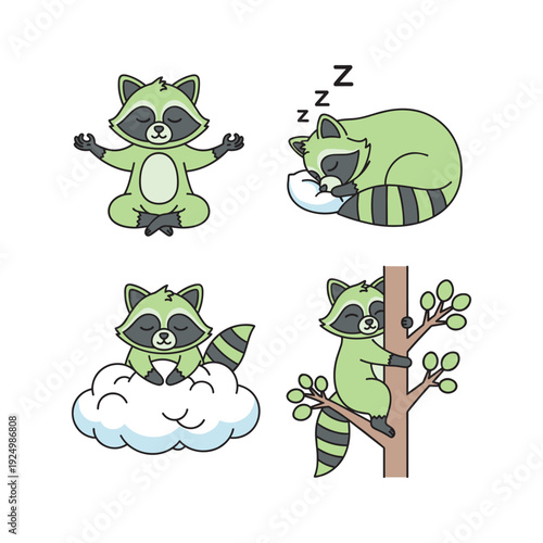 Cute cartoon raccoons in different poses on white background with copy space