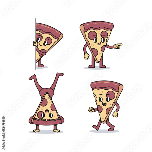 Cartoon pizza slices dancing and having fun in various poses