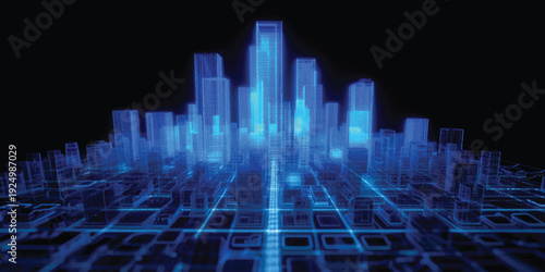 An abstract blue background with binary code overlays a 3d vector illustration of a night city skyline featuring technology architecture and skyscraper silhouettes
