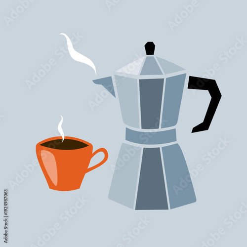 Moka pot and coffee cup illustration.