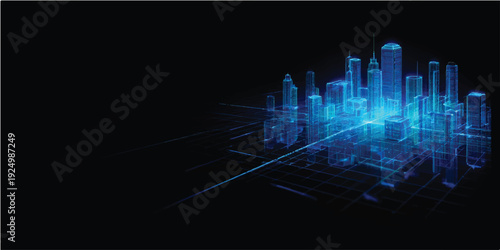 A digital blue abstract technology background features glowing binary code and light effects, blending a futuristic city skyline design with motion energy for a modern computer wallpaper illustration
