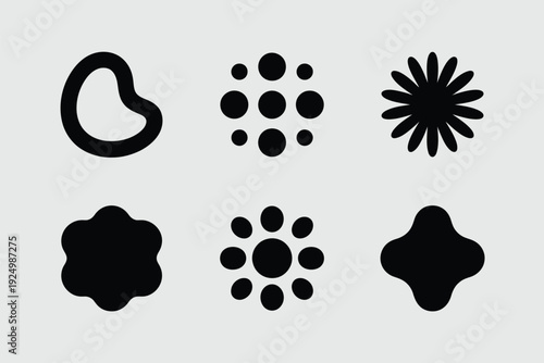 Six distinct abstract shapes composed of dots and filled patterns on a plain background isolated on white background, Vector, illustration
