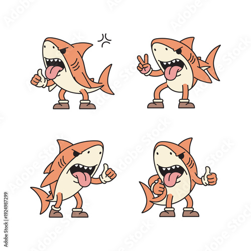 Cartoon shark characters showing different gestures and emotions with copy space