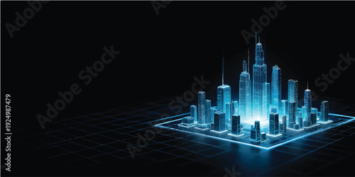 Abstract blue technology background featuring binary code over a 3d vector illustration of a city skyline with urban skyscrapers and modern architecture