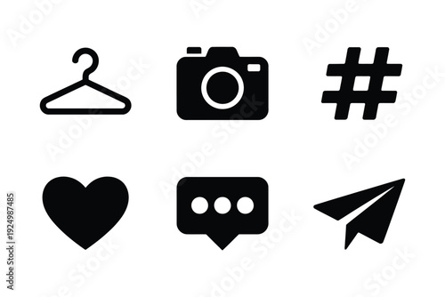 Collection of six black icons representing various common symbols and functionalities isolated on white background, Vector, illustration