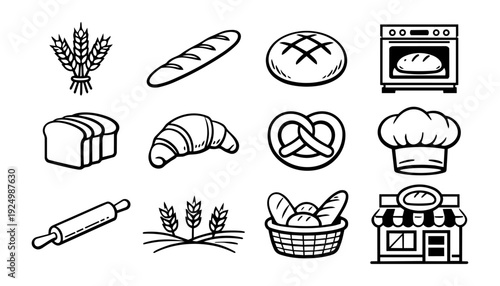 Bakery and Bread Line Icons Set Minimal Black and White Wheat Pastry Baking Collection