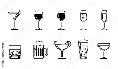 Hand drawn cocktail drink outline collection black and white alcohol vector illustration