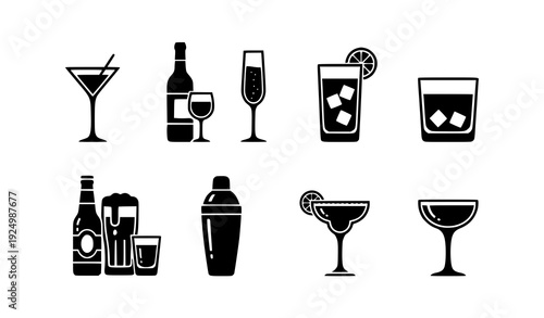 Alcohol beverage silhouette icon collection cocktail drink symbol vector set