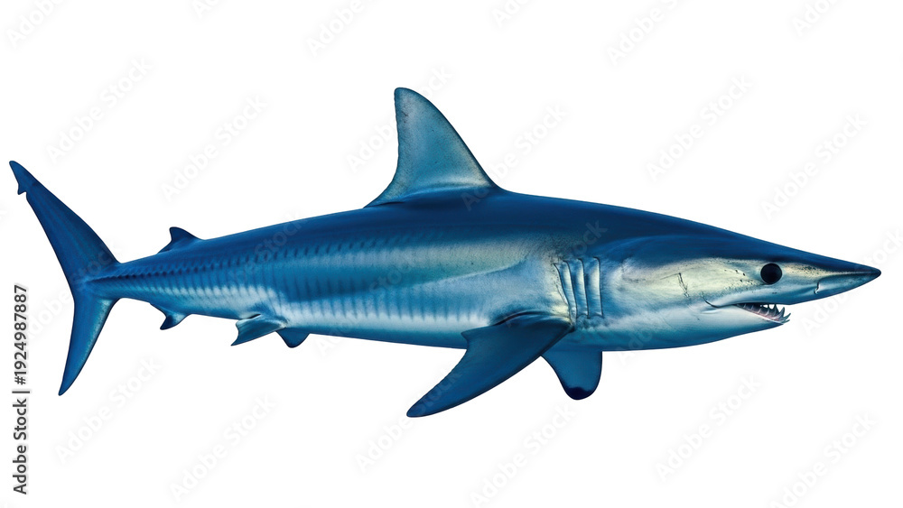 Fototapeta premium Isolated mako shark, an ocean predator with a pointed snout, gills, fins, and sharp teeth