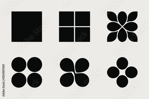 Six distinct abstract monochrome geometric patterns with varying complexity and symmetry isolated on white background, Vector, illustration