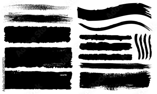 High quality straight line vector brush strokes set. Black hand drawn grunge stripes and rough paint smears inspired by Chinese and Japanese calligraphy.Perfect for text boxes, frames, banners, poster