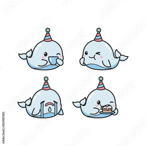 Cute cartoon whales celebrating birthday with party hats and cake