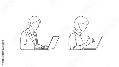 Two women working on laptops in a modern professional setting with different working styles