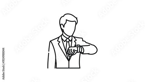 Simple line art illustration of a businessman looking at his wristwatch with a suit and tie on