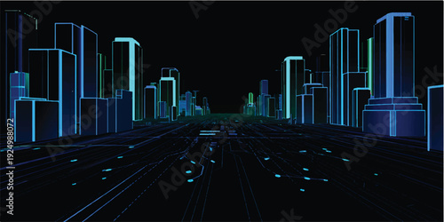 Abstract blue background with neon lines featuring a 3d vector illustration of a city skyline with urban skyscrapers and modern architecture at night