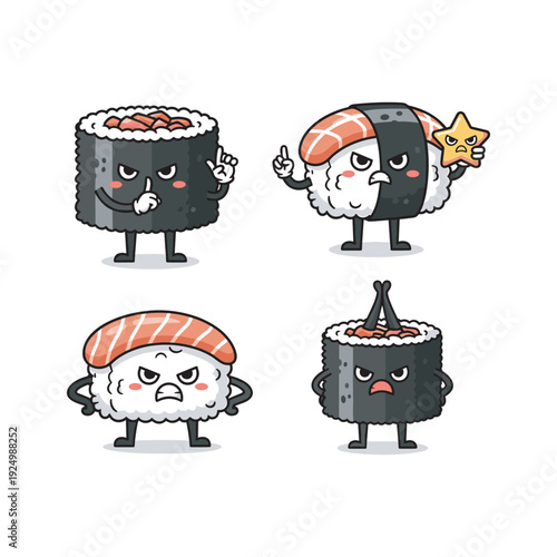 Kawaii sushi characters with different emotions and accessories on white background