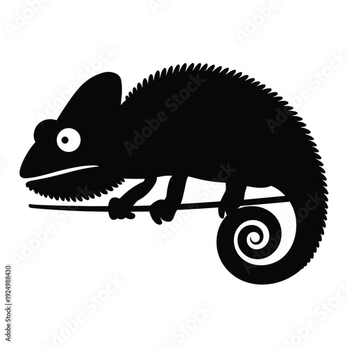 A sleek black silhouette of a chameleon clinging to a surface with its prehensile tail curled isolated on white background, Vector, illustration