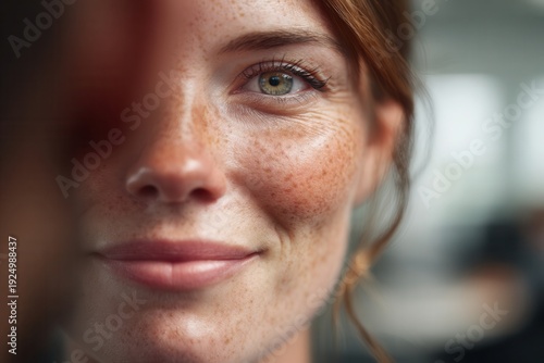 Woman's gentle, confident smile creating warm, welcoming atmosphere