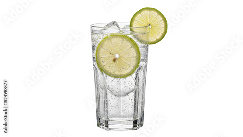 Obraz na plátně Isolated sparkling water in a glass with ice and a slice of lime for a refreshin