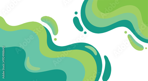 Abstract green swirling shapes flowing dynamically in a fluid motion pattern on a clean white background viewed from directly above