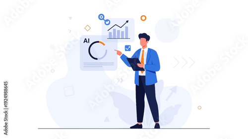 Businessman analyzing data charts and graphs on screen, AI business concept