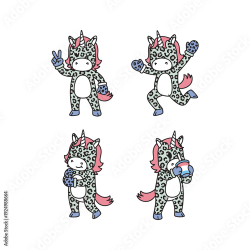 Cartoon unicorn character dancing and waving in different poses with vibrant mane