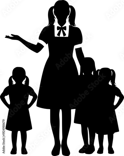 Silhouette of a teacher with a group of students, minimalist classroom education and learning concept vector illustration