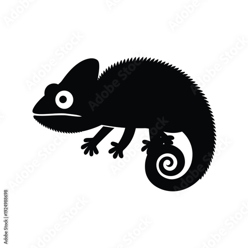 Silhouette of a chameleon perched on a surface with a spiraled tail isolated on white background, Vector, illustration