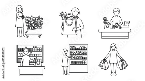People shopping with various items and activities in a store setting with different scenes and characters